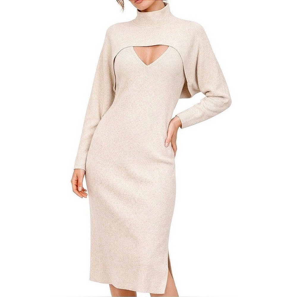 Banana Republic Convertible 2 Piece Sweater Dress Womens L Oatmeal Ribbed Shrug